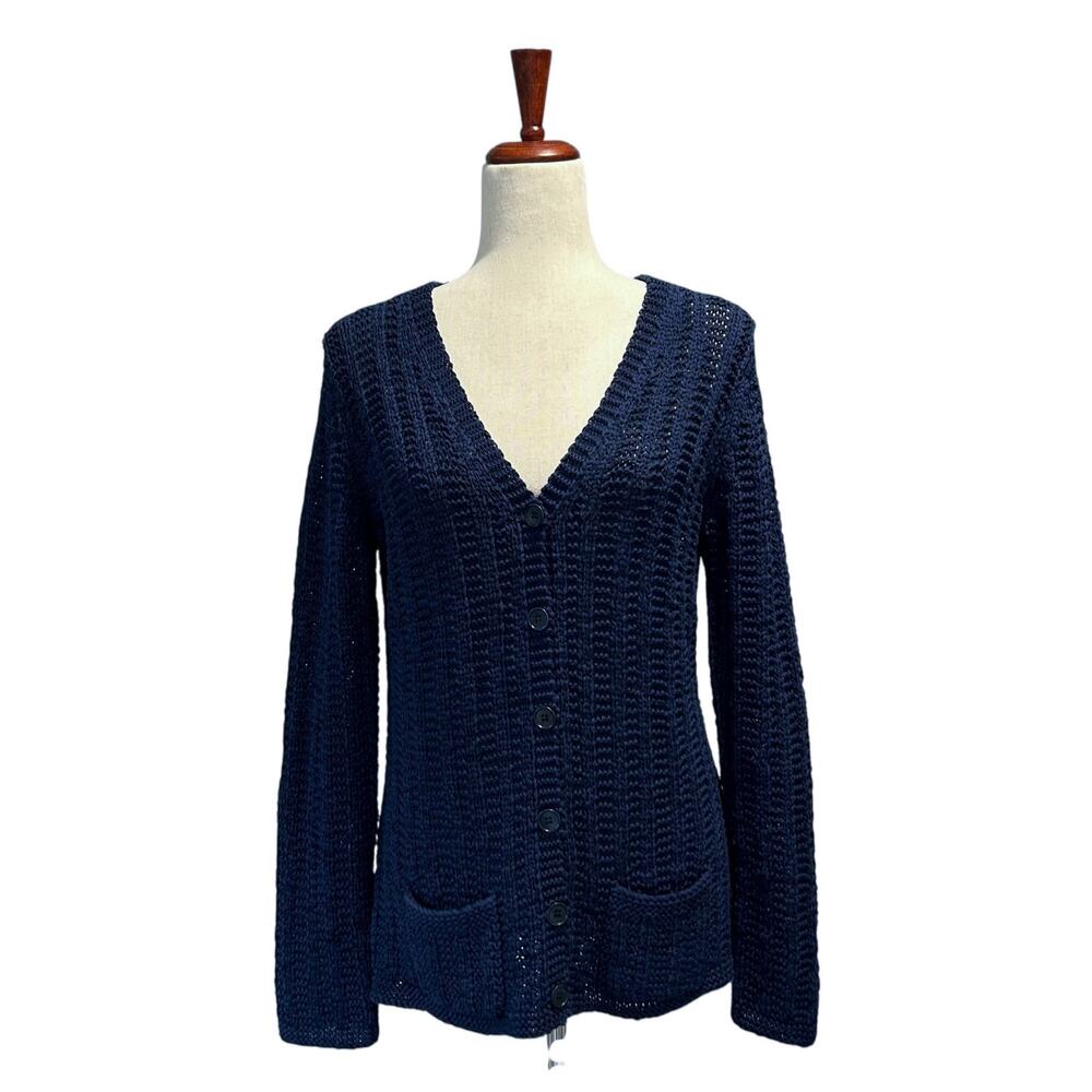 Talbots Women's Blue Textured V-Neck Longsleeve Cardigan Sweater Size Large